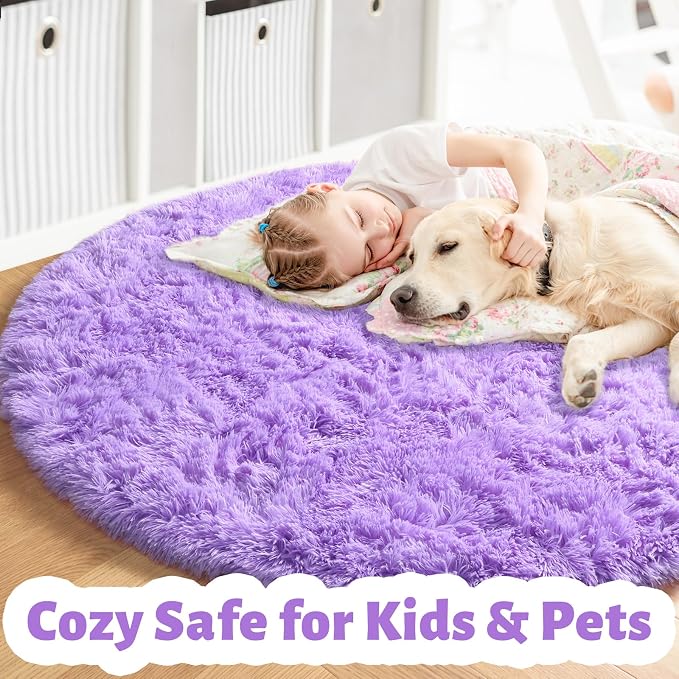 Amdrebio Purple Furry Big Round Kids Rug 6Ft - Image 2