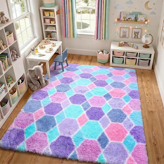 Checkered 6x9 Area Rugs for Living Room, Fluffy Purple Rainbow Colorful Rug for - Image 8