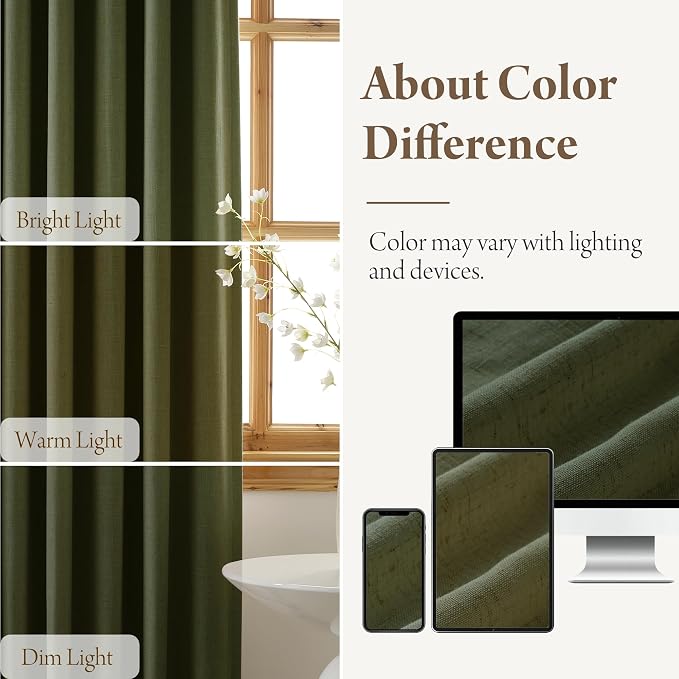 RYB HOME 100% Blackout Olive Green Pinch Pleated Linen Curtains - Image 7