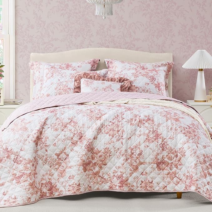 Queen Quilt Set-3 Pieces Soft Bedding Floral Reversible Coverlet | All Seasons by BLOOMHAVEN