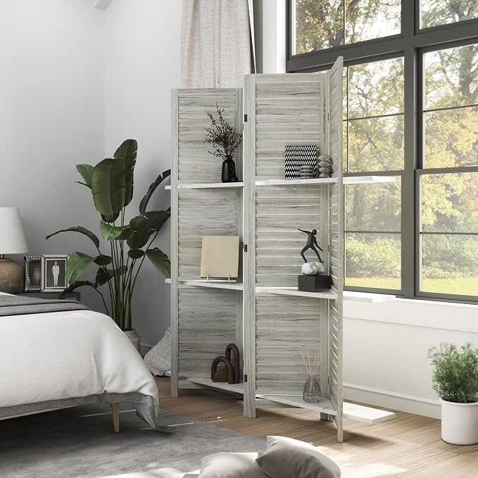 HOMCOM Room Divider with Shelves, 4 Panel, Distressed White | Wood Privacy - Image 2