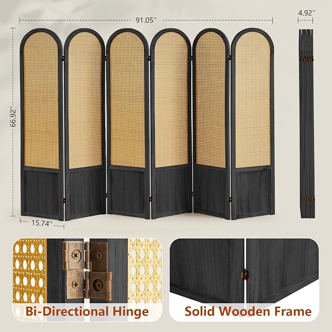 6 Panel Room Dividers and Folding Privacy Screens, Hand-Made Rattan Room Divider - Image 4