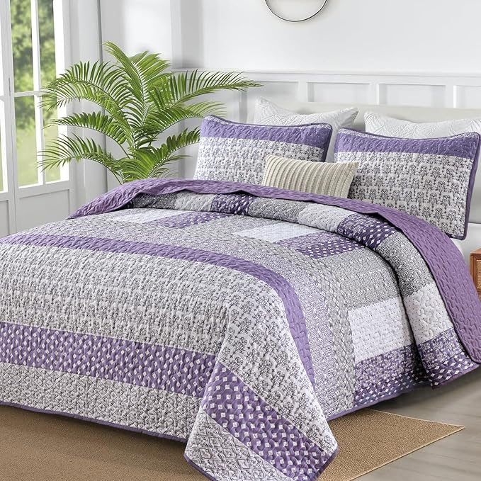 WONGS BEDDING Purple Queen Quilt Bedding Set, Bohemian Stripe Bedspread | by WONGSBEDDING