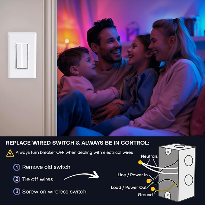 RunLessWire Click for Philips Hue – Battery-Free Wireless Smart Light Switch, 30ft Range – Works Natively with Philips Hue Bridge – Wall Mount Kinetic Switch - Decora Style, White