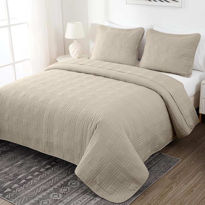 Chezmoi Collection Kingston King Size Bedspread Set, 3-Piece Khaki Oversized - Image 4