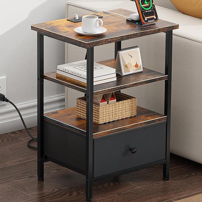 Side Table with Charging Station, Nightstand with Adjustable Fabric Drawer by Tensirock