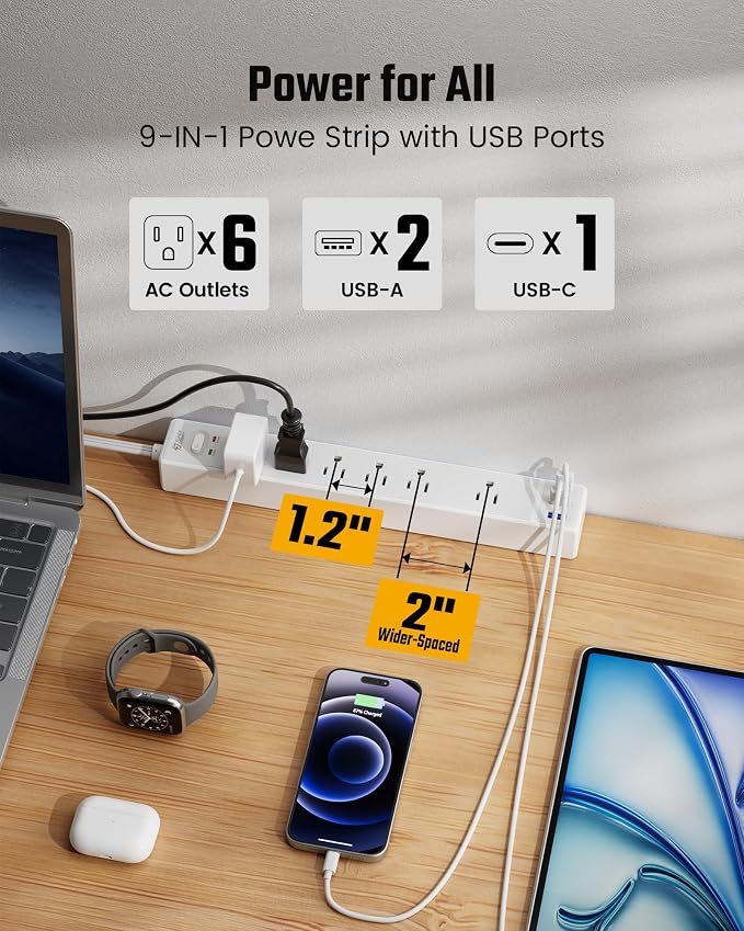 SUPERDANNY 6Ft Thin Extension Cord, Flat Plug Surge Protector Power Strip | - Image 2