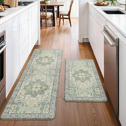 GENIMO Kitchen Mats for Floor 2PCs, Washable Anti Fatigue Mat for Cushioned, 17.3"x47"+17.3"x30", Waterproof Kitchen Rugs, Non Slip Comfort Standing Mat Rug for Home, Sink, Laundry, Light Green