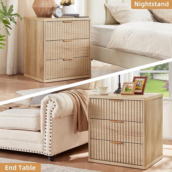 LEYAOYAO 23" Wide Fluted Night Stand with Charging Station, 3 Drawers Large End Table with Storage, Natural Nightstand Wood Bedside Tables, Farmhouse Cabinet Dresser for Bedroom, Closet