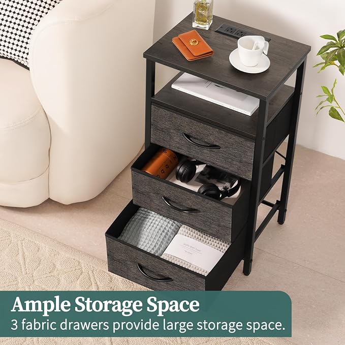 Yoobure Night Stand with Charging Station, 3 Fabric Drawers Nightstand - Image 5