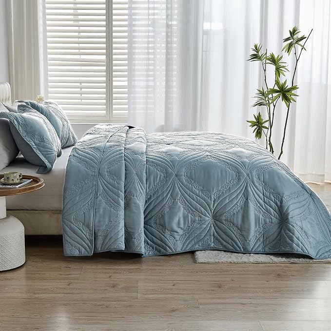 Kingnex Oversized Cal King Bedspreads 120x120 Ultrasonic Quilted Blue | - Image 3