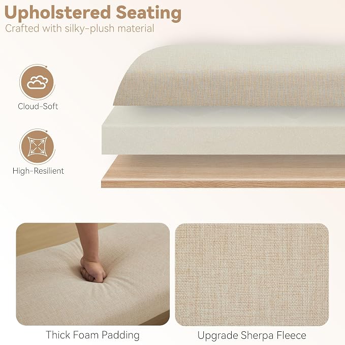 Upholstered Entryway Bench, 58.7" Modern Bedroom Bench, Camel | Curved Armrests - Image 5