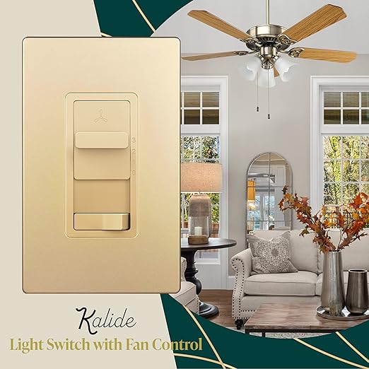 TOPGREENER Kalide Light Switch and 3-Speed Ceiling Fan Control Combo, in Wall Light and Fan Combination Switch, Single Pole, 2.5A, 720W, Neutral Wire Not Required, TGSFS3-GD, Gold