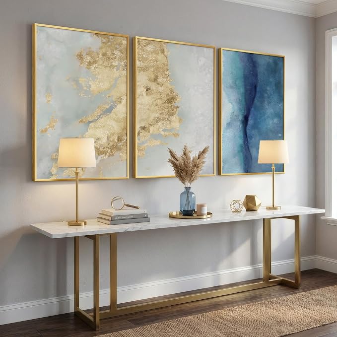 Large Framed Abstract Wall Art for Living Room, Luxury Modern 3 Piece Blue and - Image 4