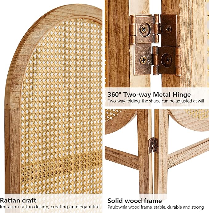 3 Panel Rattan Room Divider, Arched Room Divider Screen, Natural | Room Divider - Image 4