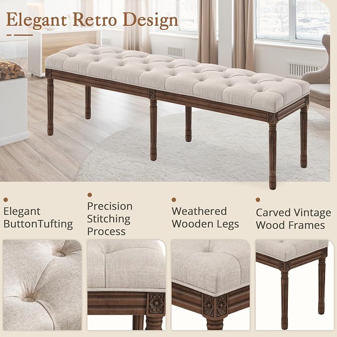 LUE BONA 60" Fabric End of Bed Bench, Upholstered Tufted French Bedroom Bench - Image 5