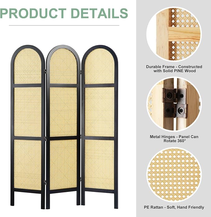 Svimi Room Divider and Folding Privacy Screens, Pine Wood 5.6 Ft Double Hinged - Image 5
