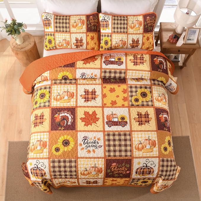 Anibedding 3Pieces Fall Patchwork Quilts Queen Size, Pumpkin Maple Leaves - Image 4