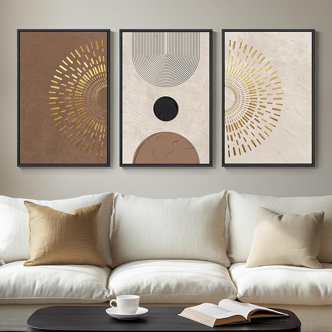 Framed Boho Neutral Abstract Wall Art, 3 Piece Canvas Prints Paintings Artwork by Cuspin
