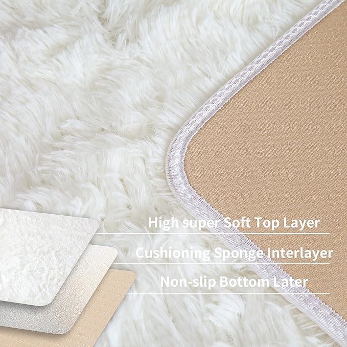 5x7 Cream White Shag Rug for Girls Bedroom, Soft Plush Fluffy Carpet | Ivory - Image 4
