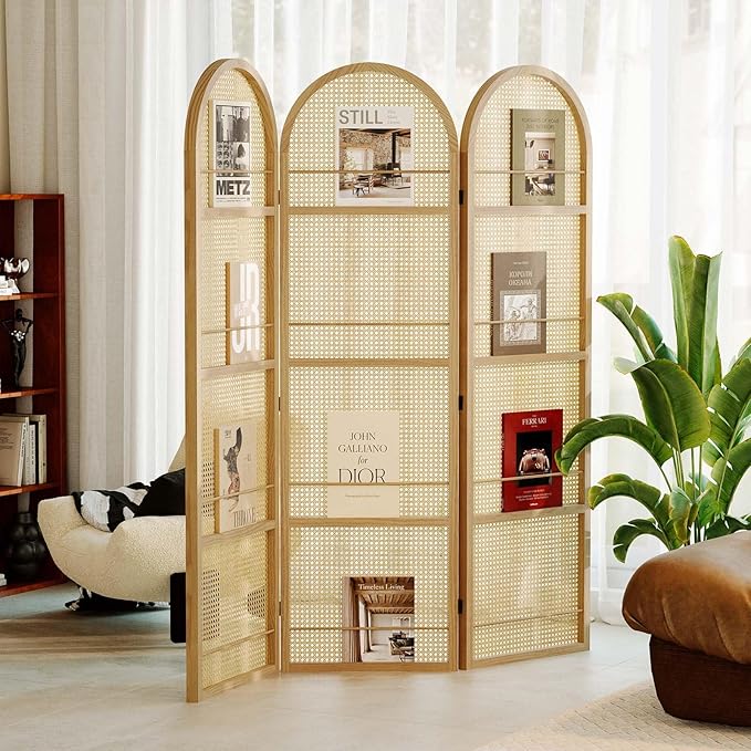 Rattan Room Divider with Built-in Bookshelf | Foldable Privacy Screen & - Image 6