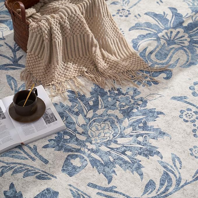 jinchan Torino Runner Rugs 2x5 - Vintage-Inspired Floral Design Machine Washable Non-Slip Ultra-Thin Low-Pile Rubber Backing Runner Rug for Kitchen Hallway Laundry Room Entryway Dark Blue