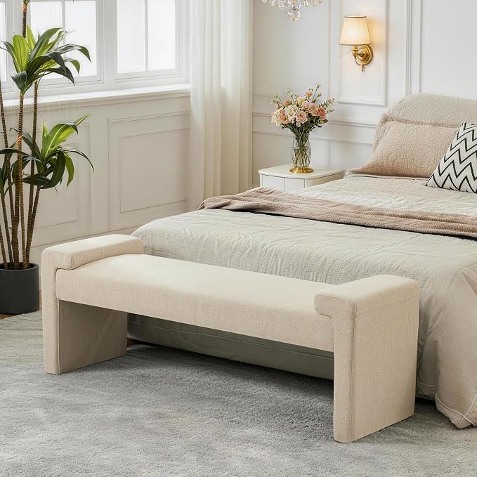Upholstered Entryway Bench, 58.7" Modern Bedroom Bench, Camel | Curved Armrests - Image 6