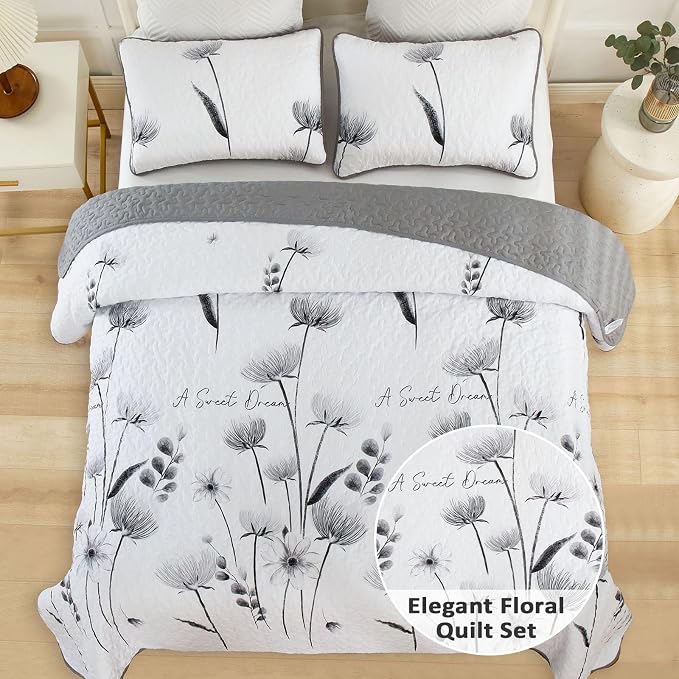 Dinjoy Floral Quilt Set California King Size, Cute Grey Flower Bedspreads | 3 - Image 2