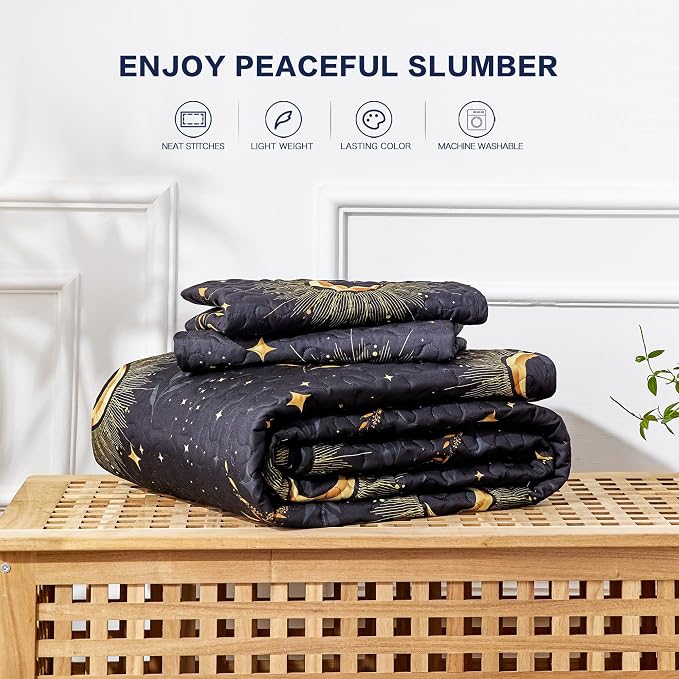 EXQ Home Quilt Set Full Queen Size Black Moon Print Coverlet | Bedding Set - Image 6