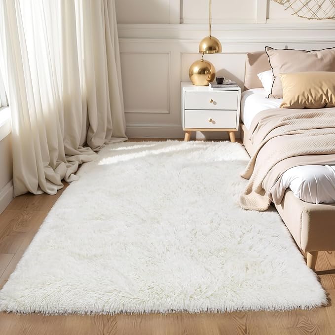 Cream White Fluffy 8x10 Large Area Rug, Soft Washable Shag Carpet | Cute plush - Image 7