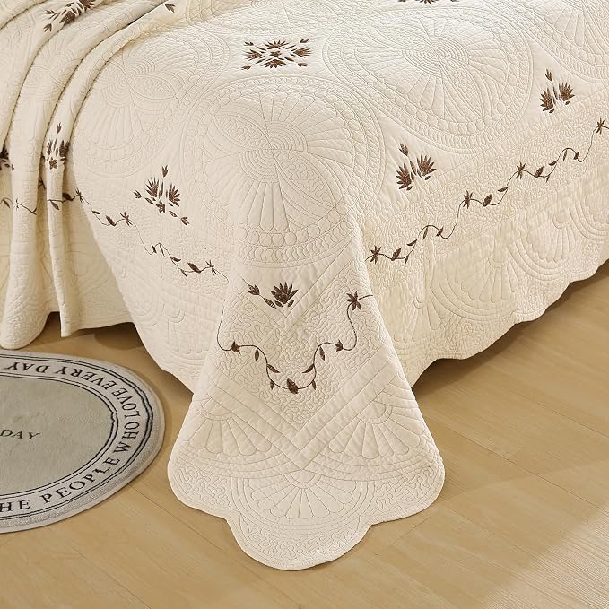 ROOMLIFE Quilt Set King Beige 3D Floral Embroidery Pattern 3-Piece Cotton | - Image 3
