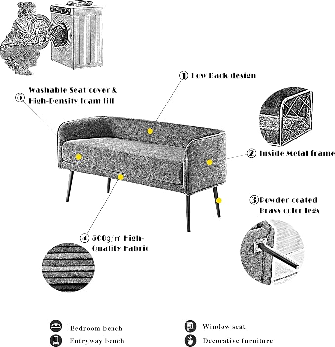 Bedroom Bench with Back, Inside Metal Frame, Extra Seat - Image 3