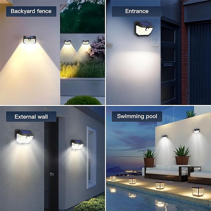 FAXBOX Solar Lights Outdoor Motion Sensor, 178 LED 300LM Waterproof IP65, Wall Mounted Security Light with 3 Modes, 270° Wide AngleWide Angle, Solar Powered for Garden, Yard, Patio, Front Door(4Pack)