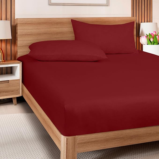 ROYALE LINENS 300 Thread Count 100% Long Staple Combed Cotton Fitted Sheet Queen - Super Soft Deep Pocket Bottom Sheet - Fitted Sheets Only - Elastic Sheets (Queen, Red)