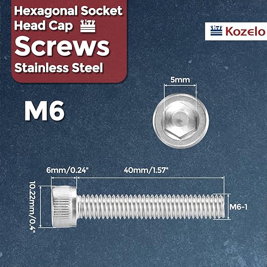 Kozelo 25pcs Socket Head Cap Screws - [M6-1 x 40mm] 304 Stainless Steel Allen Socket Drive for Electrical Motor 3D Printing Fan Engine Replacement Use, Silver