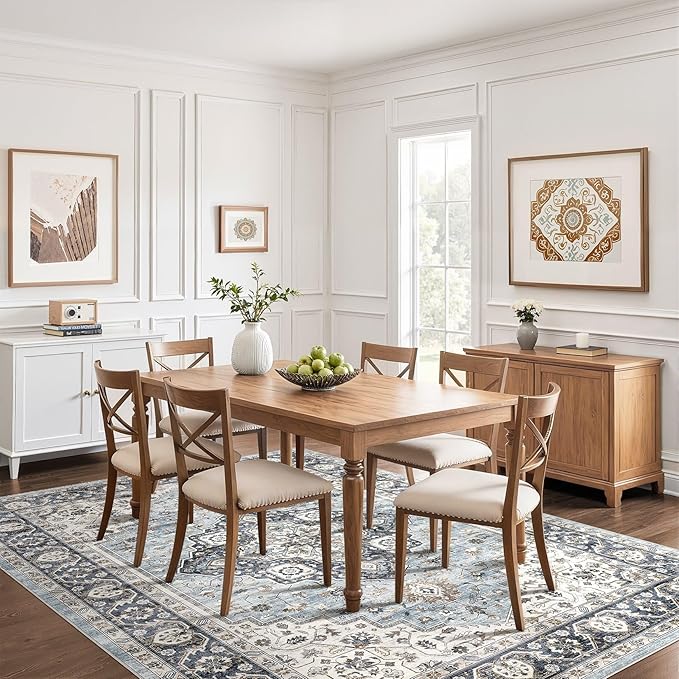 10x12 Area Rug Living Room: Washable Boho Large Neutral Vintage Soft Rugs Stain Resistant Farmhouse Non-Slip Indoor Floor Carpet for Bedroom Nursery Kids Playroom Office Dining Room- Tan Blue