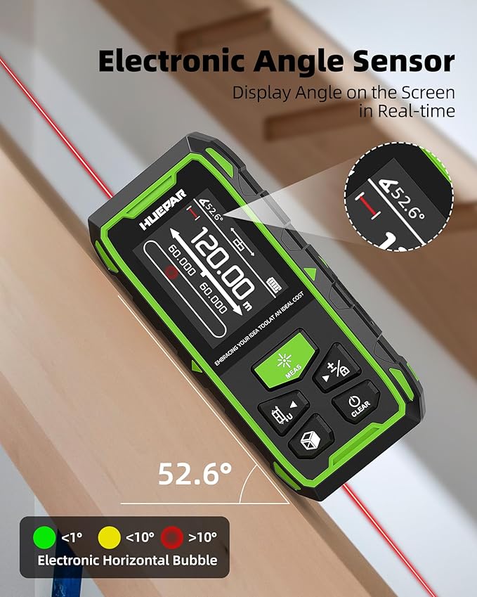 Huepar Professional Dual Laser Measuring Tool 393ft, Rechargeable Bilateral Laser Measurement Tool, Digital Laser Room Measure Devices, Metro Laser Measurement Tool with Angle Sensor, Magnetic Back