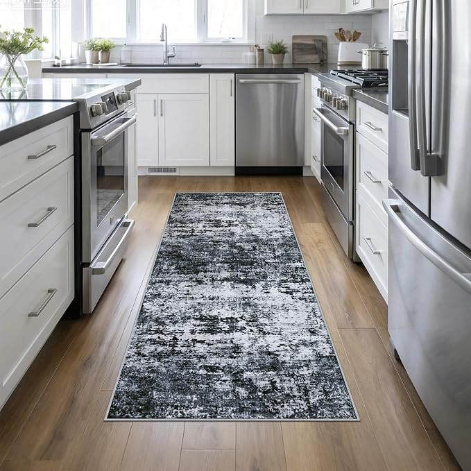 3x8 Washable Runner Rug：Modern Abstract Kitchen Carpet Black | by FXRHLP