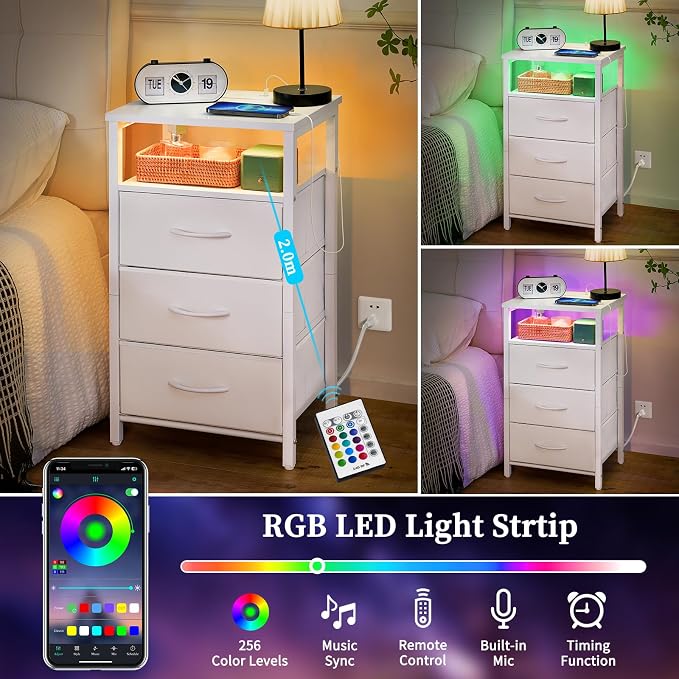 Yoobure Night Stand with Charging Station, LED End Table and Storage Shelf - Image 3