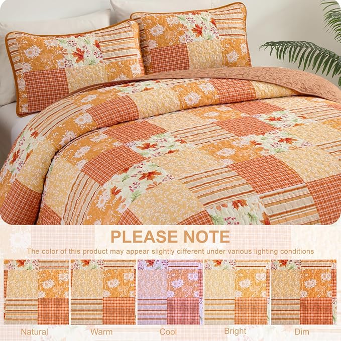 Mybedsoul Orange Boho Quilt Set Queen Size, 3 Pieces Plaid Floral Bedspread - Image 2