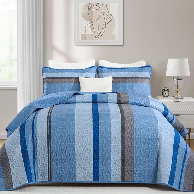 Dobuyly King Size Striped Quilt, Boho Blue Lightweight Bedspread Bedding | - Image 5