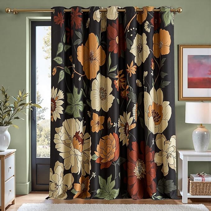 jinchan Black Boho Floral Blackout Curtains W100xL96 Grommet 1 Panel | Room by JINCHAN
