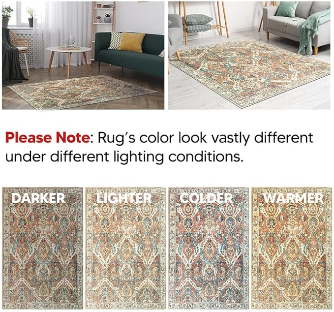Keen Home Design 5x7 Rug - Machine Washable Area Rug with Non-Slip Backing, Ideal for Living Room, Dining Room, Bedroom - Vintage, Easy Clean, Durable, Low Pile Rug - (5' x 7')