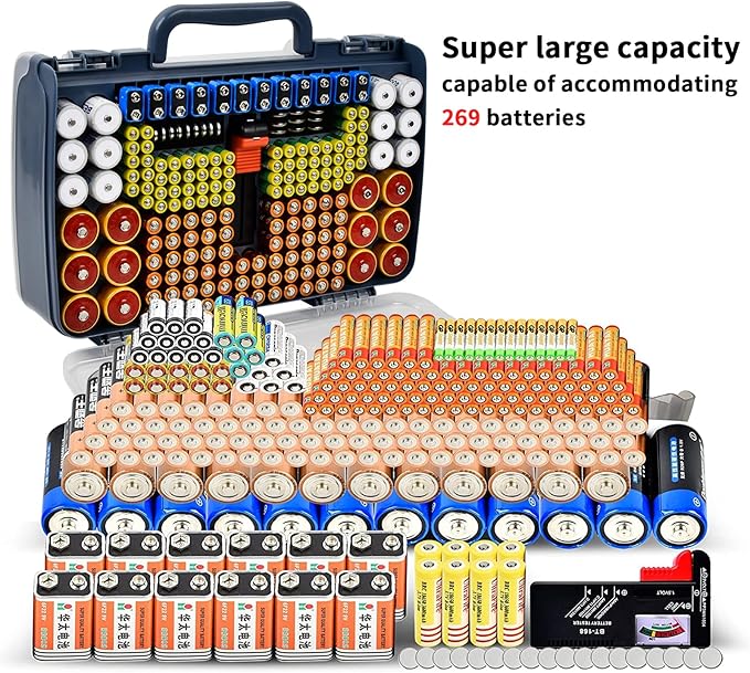 Aptbyte Battery Organizer Storage Holder Box Case with Tester- 269 Batteries Double-Sided Variety Pack, Holds AA AAA 4A C D Cell 9V 3V Lithium LR44 CR2 CR123 CR1632 18650 Button- Blue (Box Only)