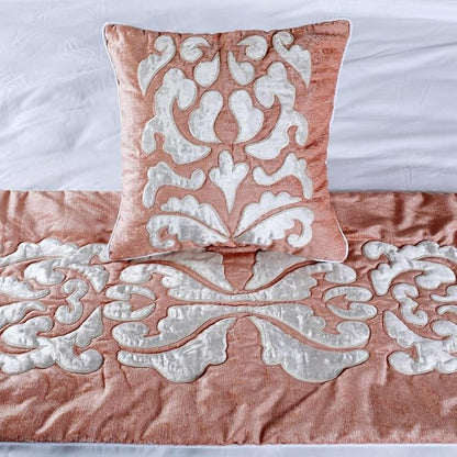 The HomeCentric Luxury Peach & Ivory Full 68 x 18 inch Bed Runner with Pillow Cover, Velvet Applique Bed Scarf, Abstract Modern - Peach Elegance
