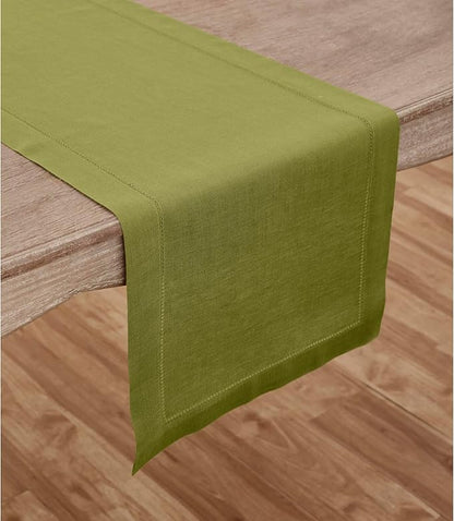 Solino Home Linen Hemstitch Table Runner 108 Inches Long - 100% Pure Linen Avocado Green Table Runner 14 x 108 Inch - Classic Hemstitch