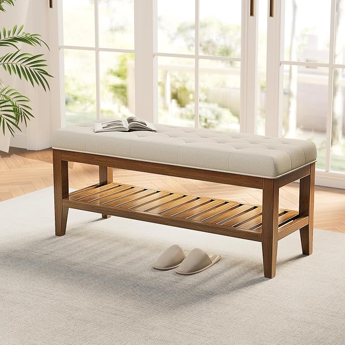 REONEY Bedroom Bench, Tufted Button Window Seat, - Image 7