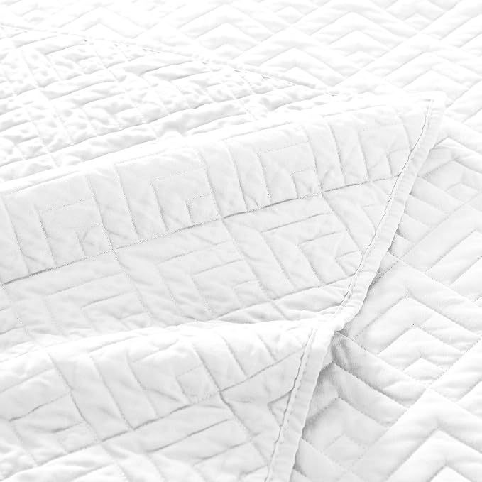 EXQ Home White Quilt Set Twin Size Lightweight Squares Pattern Bedding Set | - Image 3