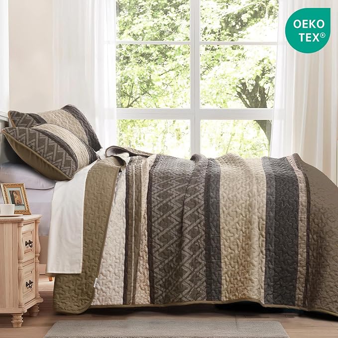 Dinjoy Boho Queen Quilt Set, Striped Bedspread Queen Size, Taupe | 3 Pieces - Image 3