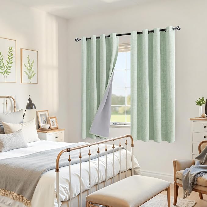 YoungsTex Sage Green Linen Blackout Curtains 68 Inch Length - Image 2